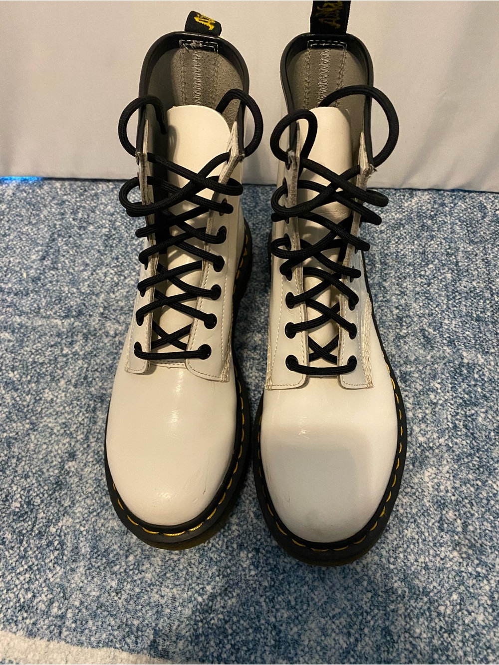 Dr. Martens White Lace-Up Combat Boots with Black Laces and Yellow Stitching